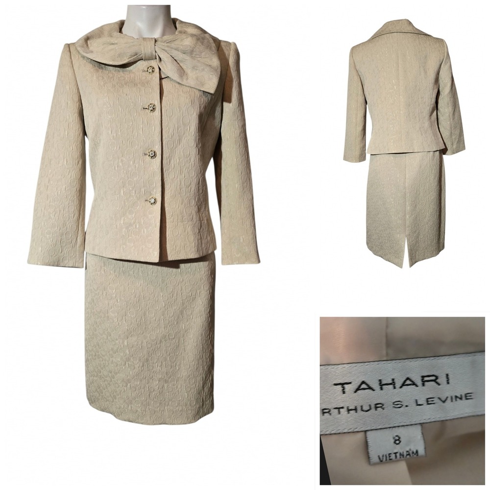 Tahari ASL skirt suit set 8/10 Beige Jacquard Bow knee-length church office